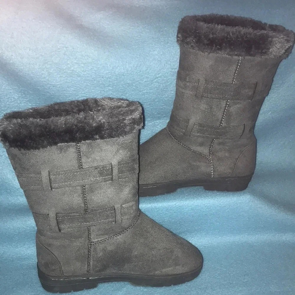 GINA GROUP bow boots faux suede gray pull on cozy NEW size 7 1/2 or M - Picture 2 of 8